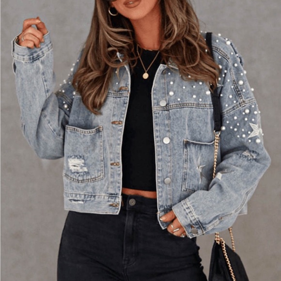 Sky Blue Distressed Pearls Star Cropped
Denim Jacket - Picture 4 of 15